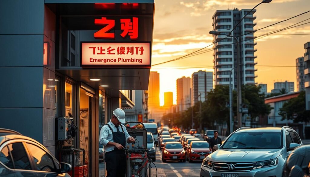A bustling 24-hour emergency plumbing service in a vibrant coastal neighborhood. The storefront of "النجم المتميز" is framed by sleek modern architecture, its warm lighting and signage inviting passersby. In the foreground, a skilled technician in a crisp uniform attends to a complex repair, surrounded by an array of professional tools and equipment. The middle ground features a busy street scene, with cars and pedestrians moving with a sense of urgency. In the background, the silhouettes of nearby high-rise buildings rise against a golden sunset sky, hinting at the thriving urban landscape. The overall atmosphere conveys a sense of reliable, efficient, and comprehensive plumbing services catering to the diverse needs of the local community.