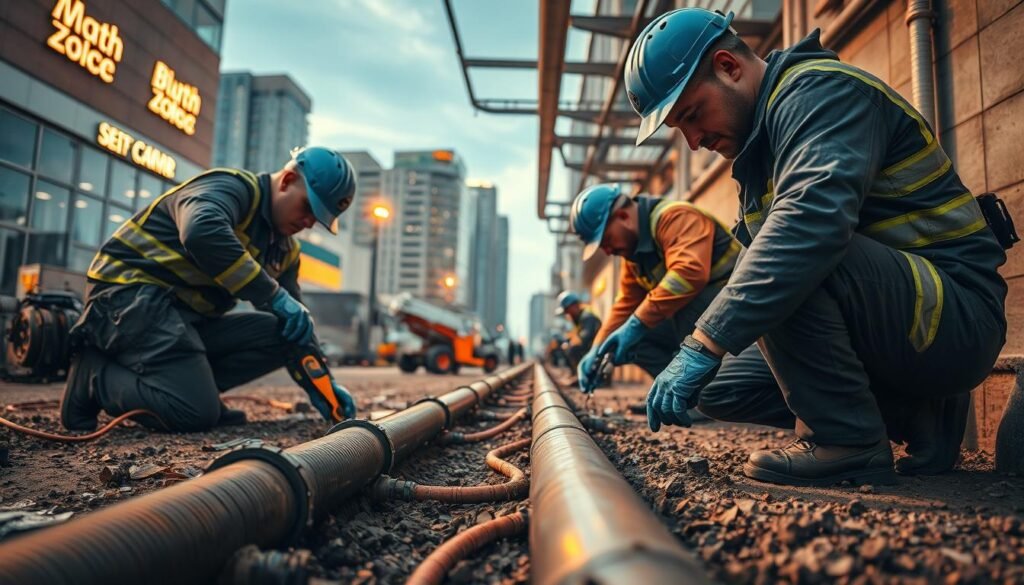 A bustling commercial drainage repair scene, captured in vivid detail. In the foreground, skilled technicians from النجم المتميز work diligently, using specialized tools to diagnose and fix the issue. The middle ground reveals the intricate piping system, with pipes snaking through the ground, while the background showcases the surrounding commercial buildings, hinting at the impact of a well-functioning drainage system. Warm lighting casts a soft glow, creating an atmosphere of professionalism and efficiency. The camera angle provides a dynamic, eye-level perspective, immersing the viewer in the action.