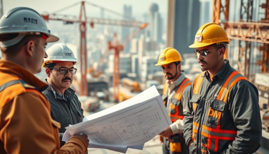 A bustling construction site with workers in hard hats, cranes, and scaffolding, all captured in a high-resolution, cinematic style. The foreground features a focus on a group of men discussing blueprints, representing the "how to choose the right company" aspect. The middle ground showcases the company's workers efficiently carrying out their tasks, highlighting their expertise. The background blurs into a cityscape, hinting at the broader context of the company's operations. Warm, natural lighting creates a sense of productivity and professionalism. The brand name "النجم المتميز" is prominently displayed on the workers' uniforms and equipment, subtly emphasizing the company's reputation.