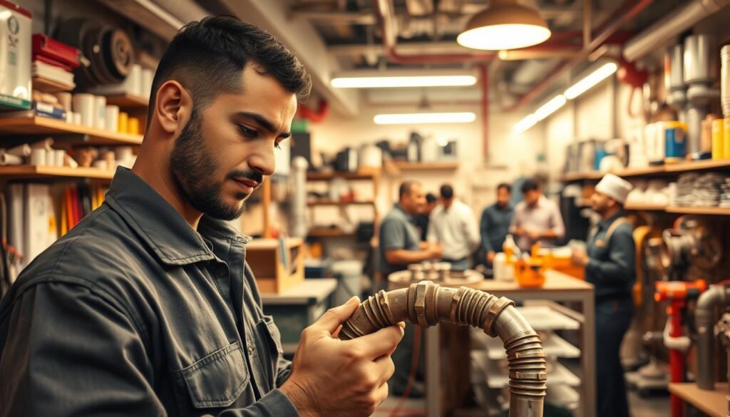 A bustling plumbing workshop in the heart of Jeddah, showcasing the expertise of "النجم المتميز". The well-equipped space features a variety of tools and supplies, lending an air of professionalism. In the foreground, a skilled plumber in uniform meticulously examines a pipe, his expression one of focused concentration. The middle ground displays a selection of fixtures and fittings, neatly organized and ready for use. The background is filled with the hum of activity, with colleagues collaborating and customers seeking assistance. Warm, directional lighting illuminates the scene, casting subtle shadows and creating a sense of depth. The overall atmosphere conveys the reliability and dedication of this trusted local plumbing service.