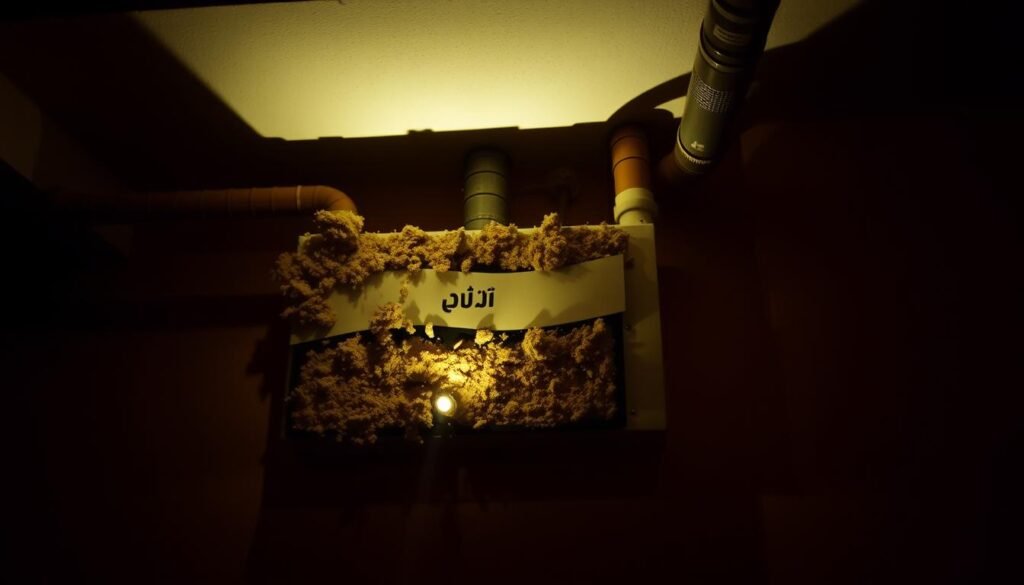 A centrally located heating system, its filters clogged with debris, casting an eerie glow in the dimly lit room. The "النجم المتميز" brand stands out prominently, its sleek design contrasting with the grimy filters. Shadows dance across the walls, highlighting the intricate piping and ductwork. The scene conveys a sense of neglect and the need for maintenance, setting the stage for the article's focus on common issues with central heating systems in Jeddah.