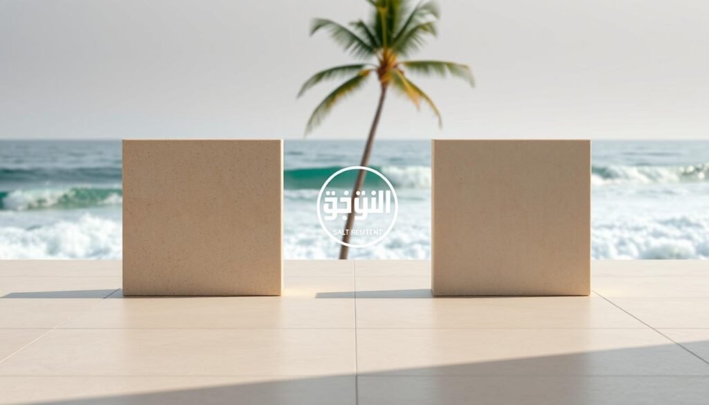 A comparative view of a standard tile and a tile resilient to coastal climates. In the foreground, two tiles side by side, one with a classic beige hue and the other with a subtle salt-resistant sheen. The middle ground showcases the "النجم المتميز" brand logo, signifying quality and durability. In the background, a coastal scene with crashing waves, palm trees, and a hazy horizon, highlighting the need for weather-resistant materials in such environments. The lighting is soft and diffused, creating a serene atmosphere that complements the subject matter. The camera angle is slightly elevated, providing a clean, uncluttered composition that emphasizes the contrast between the two tile types.