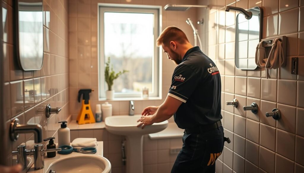 A cozy bathroom interior with warm lighting, clean tiles, and sleek fixtures. In the foreground, a plumber wearing the branded uniform of "النجم المتميز" company is diligently working on repairing a sink or shower. In the middle ground, various plumbing tools and supplies are neatly organized, conveying a sense of professionalism. The background features a window overlooking a serene outdoor scene, adding a calming ambiance to the space. The overall atmosphere is one of efficiency, attention to detail, and a commitment to providing excellent bathroom maintenance services.