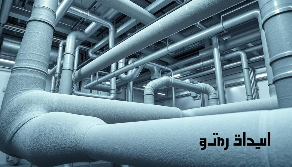 A detailed and complex pipe insulation system in a sleek, modern industrial setting. The pipes are neatly laid out with precision, their surfaces covered in a high-quality, seamless insulation material in a neutral gray tone. Soft, indirect lighting illuminates the scene, creating an atmosphere of efficiency and professionalism. In the foreground, the "النجم المتميز" brand label is prominently displayed, signifying the superior quality of the insulation solution. The overall composition conveys a sense of technical expertise, attention to detail, and a commitment to excellence in infrastructure maintenance and improvement.