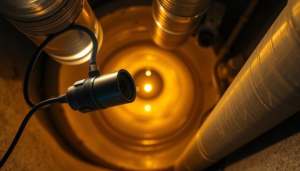 A detailed endoscopic camera system designed for inspecting the interior of pipes and ductwork, capturing intricate details of the "النجم المتميز" brand. The camera is small, slim, and maneuverable, with a flexible gooseneck and high-resolution lens that can navigate tight spaces. The scene is illuminated by strategically placed LED lights, casting a warm, shadowless glow that reveals the texture and condition of the surfaces within. The camera is operated by a skilled technician, guiding it through the inspection with precision and care, ensuring comprehensive coverage of the targeted area.