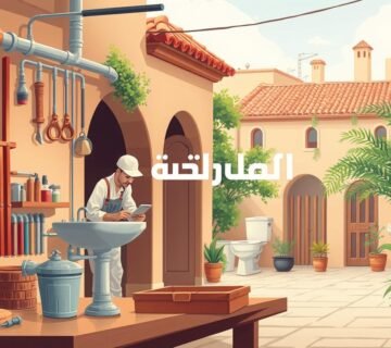 A detailed illustration of a plumbing service in a Middle Eastern setting. Showcase a well-equipped plumber's workshop with a variety of tools, pipes, and fittings in the foreground. In the middle ground, depict a plumber working on a sink or toilet installation, wearing traditional Middle Eastern attire. In the background, include architectural elements typical of a Middle Eastern neighborhood, such as arched doorways, terra-cotta roofs, and lush greenery. Utilize warm, muted tones to convey a sense of tradition and craftsmanship. Incorporate the brand name "النجم المتميز" prominently within the scene, emphasizing the high-quality and reliable nature of the plumbing services offered.