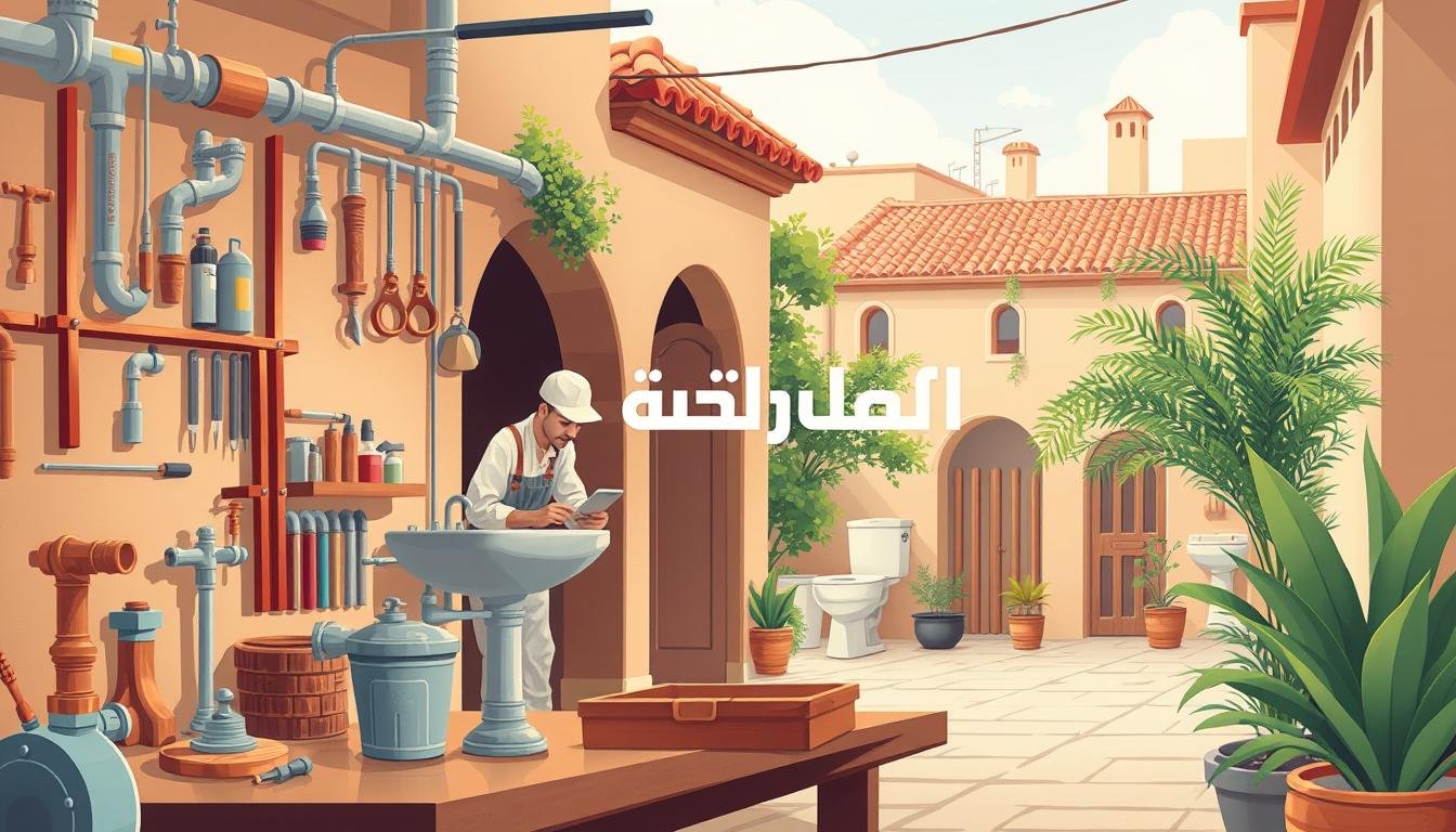 A detailed illustration of a plumbing service in a Middle Eastern setting. Showcase a well-equipped plumber's workshop with a variety of tools, pipes, and fittings in the foreground. In the middle ground, depict a plumber working on a sink or toilet installation, wearing traditional Middle Eastern attire. In the background, include architectural elements typical of a Middle Eastern neighborhood, such as arched doorways, terra-cotta roofs, and lush greenery. Utilize warm, muted tones to convey a sense of tradition and craftsmanship. Incorporate the brand name "النجم المتميز" prominently within the scene, emphasizing the high-quality and reliable nature of the plumbing services offered.