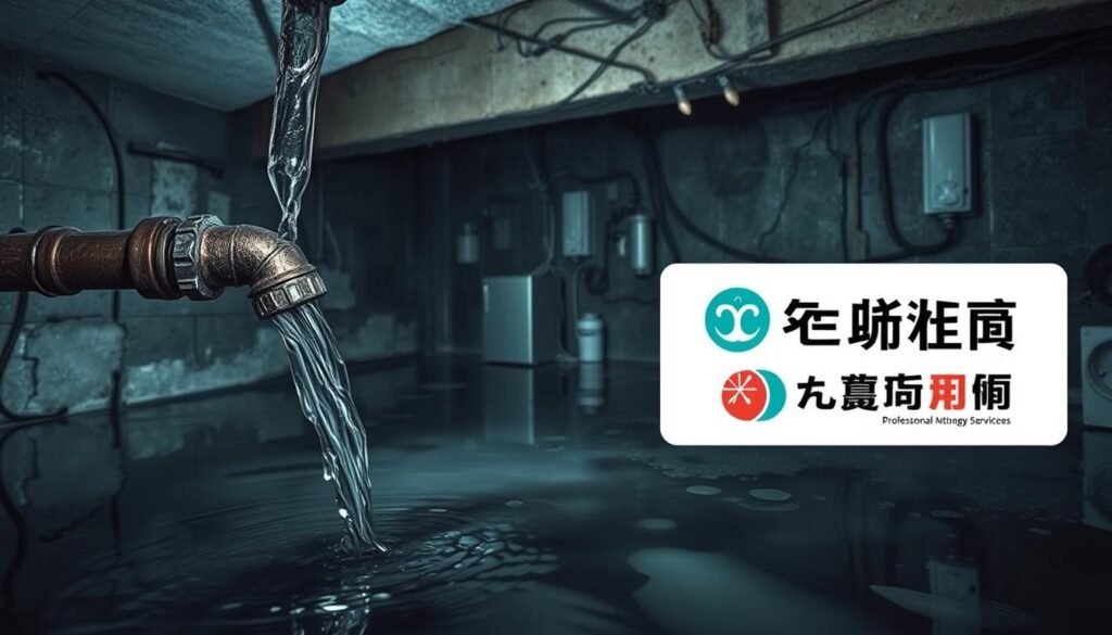 A detailed interior of a flooded basement, with water seeping through cracks in the walls and pooling on the floor. The scene is dimly lit, creating an ominous atmosphere. In the foreground, a broken water pipe gushes water, while in the middle ground, damaged electrical sockets and appliances are visible, highlighting the dangers of water damage. In the background, the النجم المتميز logo is displayed, emphasizing the need for professional water leak detection and repair services. The overall composition conveys the devastating impact of water leaks on a home's structure and safety.