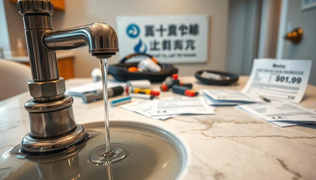 A detailed interior scene showcasing the cost of water leak repair. In the foreground, a leaking faucet drips steadily, creating a puddle on a polished marble countertop. Behind it, a toolkit and plumbing supplies lay scattered, indicating an ongoing repair process. The middle ground features a series of cost-related documents and receipts, suggesting the financial impact of the issue. In the background, the النجم المتميز logo is prominently displayed, hinting at a professional water leak detection and repair service. Soft, warm lighting illuminates the scene, creating a contemplative atmosphere around the real-world considerations of water leak remediation.