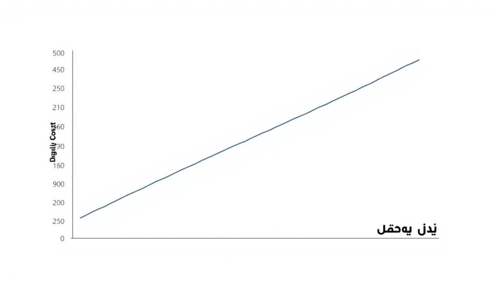 A detailed line graph illustrating the relationship between quality and cost for a bathroom maintenance service. The graph is rendered in a clean, minimalist style with a white background. The horizontal axis represents cost, the vertical axis represents quality. The line slopes upwards from bottom left to top right, depicting the positive correlation between increasing quality and rising costs. The graph is accompanied by the "النجم المتميز" brand name in the lower right corner, conveyed in a simple, elegant typeface. The overall visual style is professional, data-driven, and optimized for use in a technical article on bathroom maintenance services.