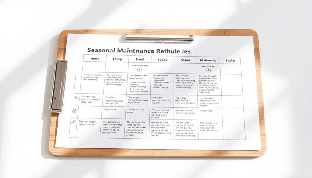 A detailed seasonal maintenance schedule displayed on a wooden clipboard, with a crisp white background and soft natural lighting. The schedule is neatly organized with clear headings, bullet points, and icons, showcasing a comprehensive plan for maintaining the "النجم المتميز" home bathrooms. The layout is visually appealing, striking a balance between professionalism and approachability. The overall mood is one of practical guidance and preventative care, supporting the article's focus on effective bathroom maintenance.