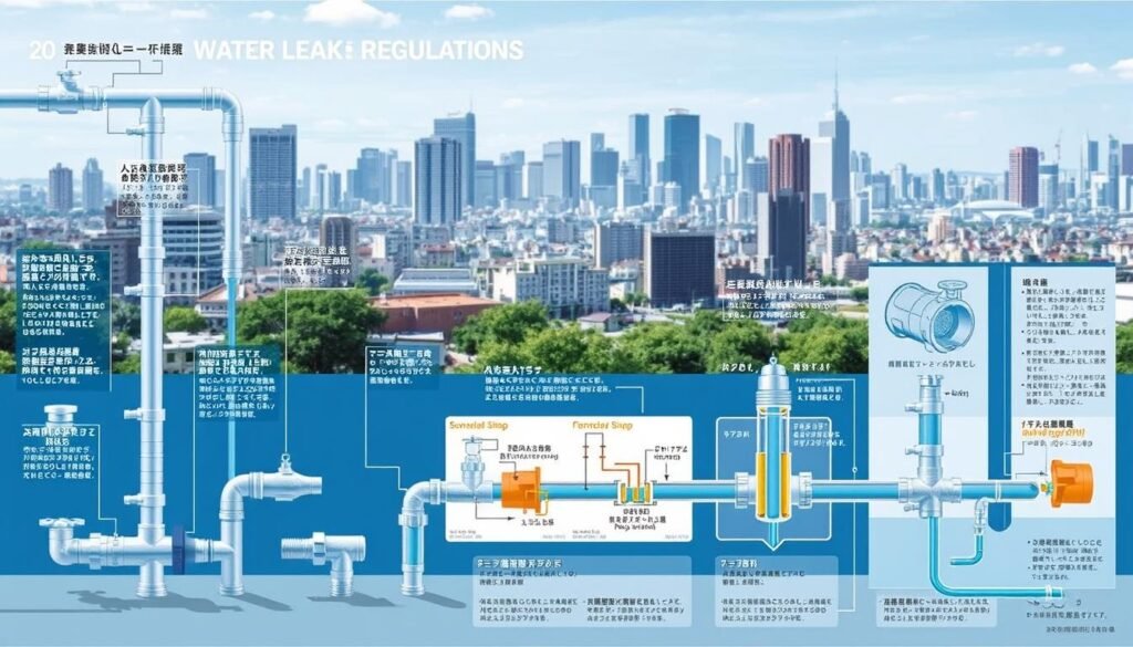 A detailed technical illustration depicting the key elements of local water leak regulations. The foreground shows various plumbing fixtures and fittings, each labeled with relevant code requirements. The middle ground features cross-sectional diagrams of water infrastructure, highlighting points of potential leakage and appropriate mitigation measures. The background portrays a city skyline, conveying the urban context in which these regulations are applied. The lighting is crisp and clear, with a technical, instructional tone. The overall composition suggests a comprehensive, authoritative visual guide to "قوانين تسرب المياه". The illustration is presented in the style of "النجم المتميز", a premium technical publication.