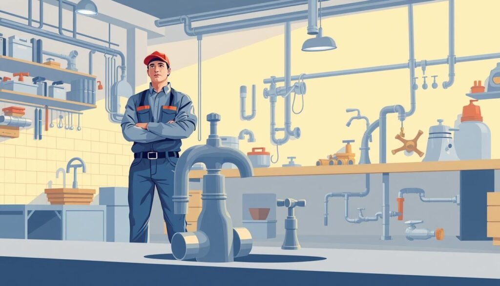 A detailed technical illustration of a plumbing repair service, showcasing the "النجم المتميز" brand identity. The image depicts a skilled plumber in a crisp, professional uniform standing in a well-lit workshop, surrounded by neatly organized tools and supplies. In the foreground, a close-up view of a faucet being meticulously repaired, highlighting the plumber's expertise. The middle ground features an array of plumbing fixtures and parts, conveying the comprehensive nature of the services offered. The background features a clean, modern interior with minimalist design elements, creating a sense of trust and reliability. The overall mood is one of professionalism, precision, and attention to detail, reflecting the high-quality workmanship associated with the "النجم المتميز" brand.