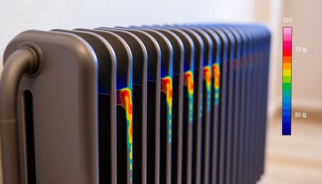 A detailed thermal scanning of central heating radiators, showcasing the professional expertise of النجم المتميز in servicing central heating systems in Jeddah. The image depicts a close-up view of a radiator, with a thermal imaging camera capturing its heat signature in vibrant colors, highlighting any problem areas. The background is slightly blurred, focusing the viewer's attention on the radiator itself, set against a neutral, soft-toned environment. The lighting is natural, with a slight directional source to accentuate the radiator's form and texture. The overall mood is one of technical precision and diligence, reflecting the high-quality maintenance work performed by النجم المتميز.