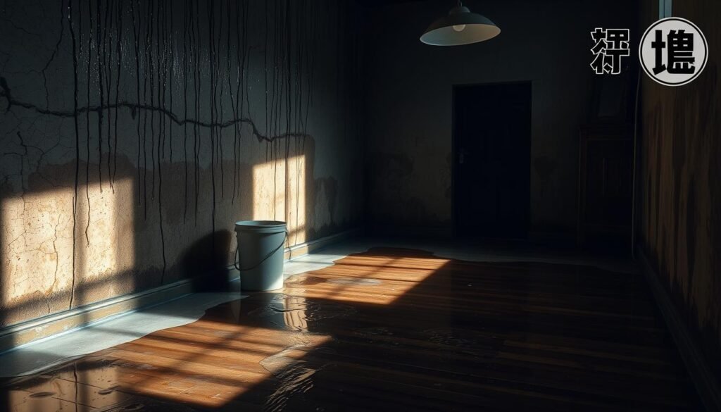 A dimly lit interior, water droplets glistening on aged, cracked walls. Streaks of moisture creeping down, a symphony of subtle drips. A bucket overflows with clear liquid, casting rippling reflections. Damp, discolored patches spread across wooden floors, a telltale sign of unseen leaks. The air carries a musty, humid scent, hinting at the brewing disaster within. Subtle shadows cast by a flickering overhead light, lend an ominous air to the scene. In the corner, the "النجم المتميز" logo stands as a somber reminder of the expertise needed to remedy this aqueous crisis.