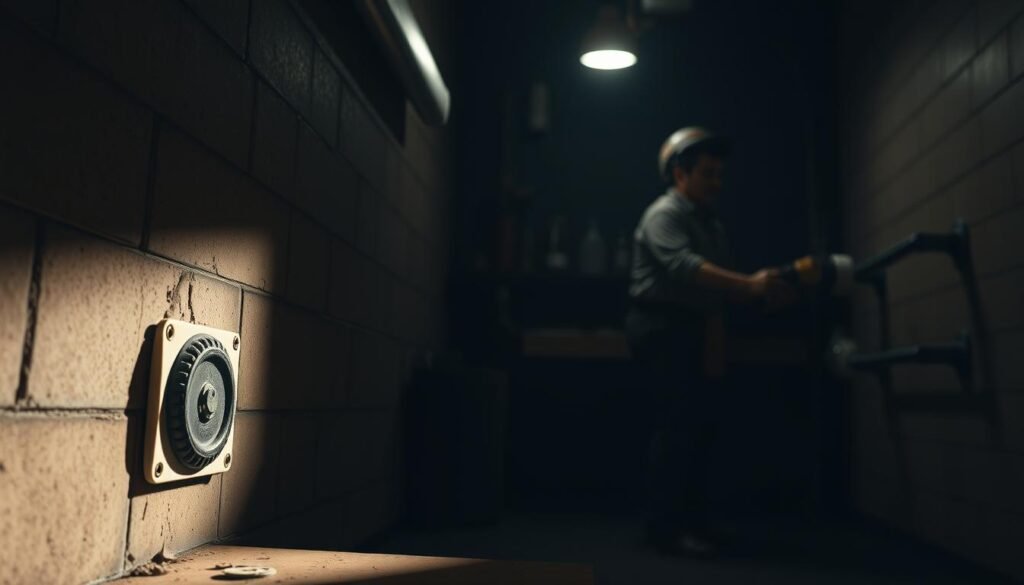 A dimly lit workshop scene, showcasing two contrasting plumbing solutions. In the foreground, a temporary patch seals a water leak, while in the background, a worker installs the "النجم المتميز" brand's advanced, long-term pipe repair system. Soft shadows cast by a single overhead light create depth and a sense of focus. The scene conveys the comparison between quick fixes and comprehensive, durable solutions for water leaks.