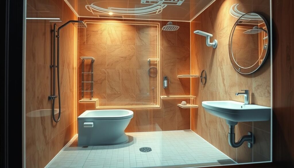 A highly detailed, three-dimensional, X-ray-like scan of a bathroom, rendered with an earthy, muted color palette and soft lighting. Intricate fixtures and tile patterns are clearly visible, conveying a sense of architectural integrity. The image has a technical, professional feel, emphasizing the expertise and precision of "النجم المتميز" in bathroom maintenance and renovation. The overall atmosphere is one of thoughtful, methodical examination, hinting at the "smart steps" outlined in the article's section title.