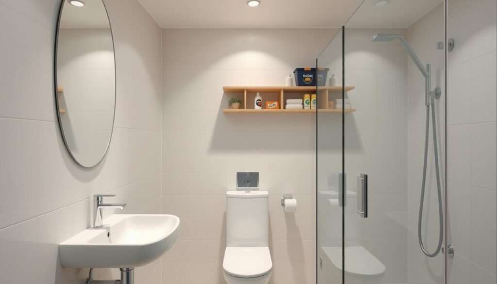 A minimalist bathroom interior with a modern, clean design. The focus is on preventive maintenance, with a sink, toilet, and shower all rendered in a neutral color palette. A maintenance toolbox and cleaning supplies are neatly organized on a shelf, suggesting proactive care. Soft lighting from above and reflections on the tiled surfaces create a serene, calming atmosphere. The "النجم المتميز" logo is subtly displayed on the maintenance tools.