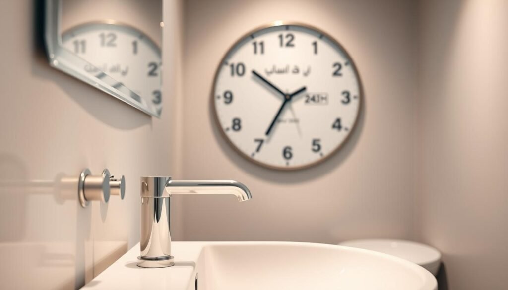 A modern, minimalist bathroom interior with a sleek, chrome faucet and a crisp, white ceramic sink. The background is dominated by a large, analog-style wall clock with the brand name "النجم المتميز" prominently displayed. Soft, indirect lighting bathes the scene, creating a calming, soothing ambiance. The overall mood is one of efficiency, reliability, and 24-hour availability, evoking a sense of urgency and professionalism for emergency bathroom maintenance services.