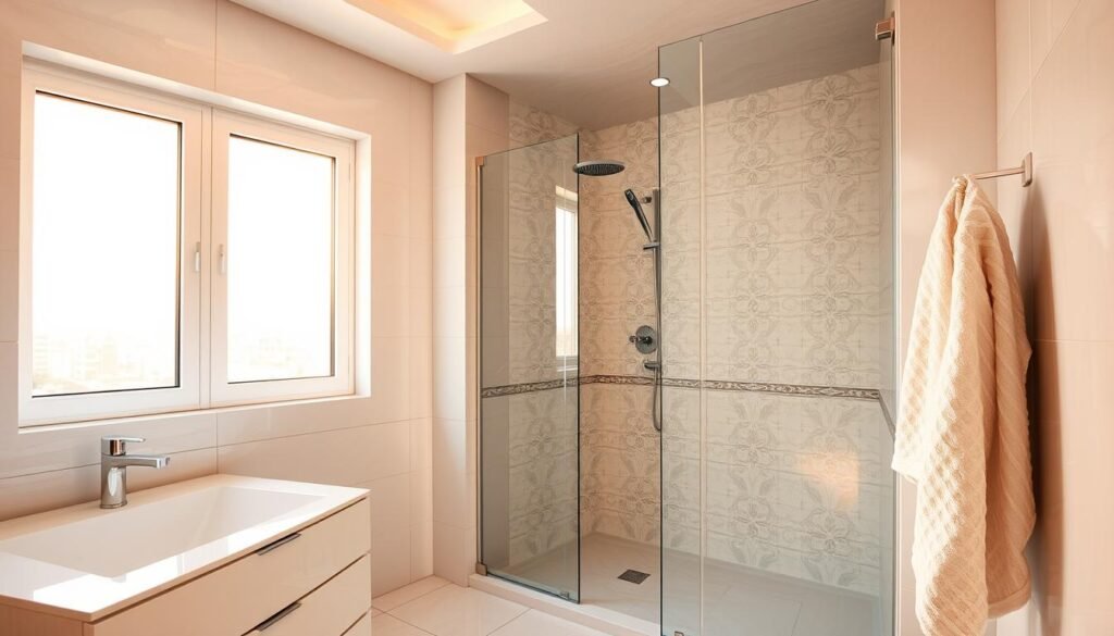 A modern, spacious bathroom in the Al-Muhammadiyah neighborhood of Jeddah, Saudi Arabia. The room is bathed in warm, natural light from a large window, revealing gleaming white tiles and a sleek, contemporary vanity with the "النجم المتميز" brand name prominently displayed. The shower enclosure features ornate, intricate tiling and a rainfall showerhead, while a plush, fluffy towel hangs nearby. The overall atmosphere exudes a sense of luxury and attention to detail, reflecting the high-quality bathroom maintenance and repair services provided by the experts.