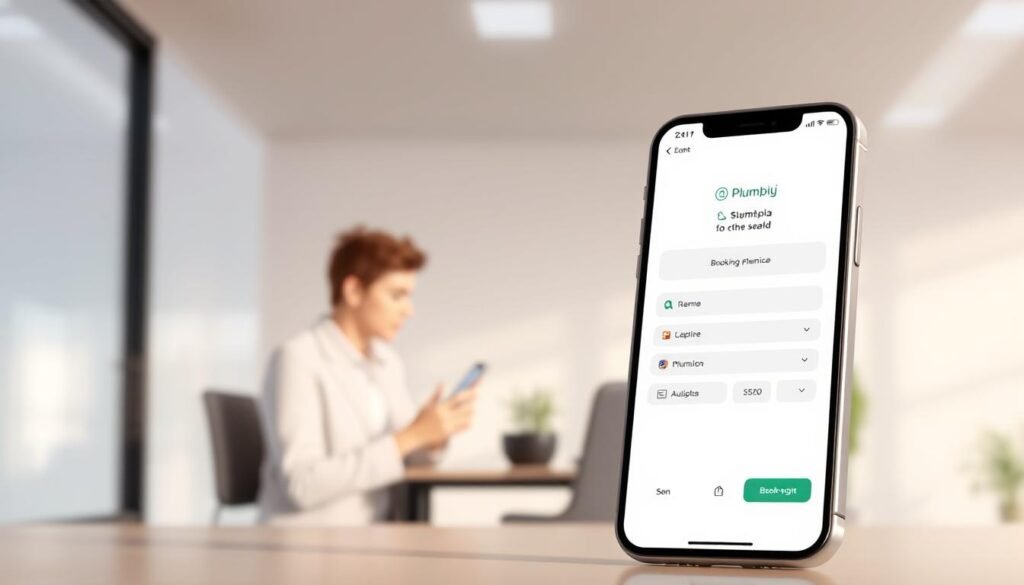 A professional and modern-looking illustration of a plumbing service booking process. Depicts a digitally rendered scene with a foreground featuring a smartphone screen displaying a booking interface for the "النجم المتميز" plumbing service. The middle ground shows a person using the booking app, with a clean and intuitive interface. The background features a subtle architectural setting, suggesting an office or residential environment. The lighting is soft and natural, creating a calming and professional atmosphere. The overall aesthetic conveys efficiency, convenience, and reliability of the plumbing service booking experience.