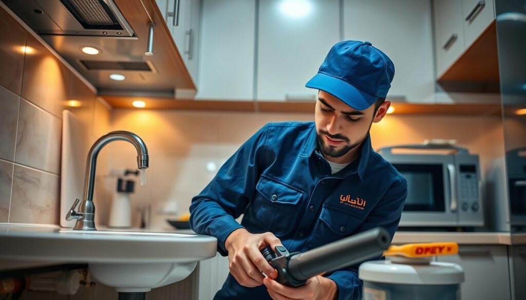 A professional-looking interior scene depicting a skilled plumber, wearing a branded uniform with the logo "النجم المتميز", expertly repairing a water leak under a kitchen sink. The plumber is using high-quality tools and materials, with a focused expression on their face, conveying their expertise and dedication to the task. The kitchen features modern appliances, clean tiles, and a well-organized layout, creating a sense of orderliness and attention to detail. Warm, diffused lighting from overhead fixtures casts a soft glow, enhancing the professionalism and competence of the scene. The overall atmosphere suggests reliability, efficiency, and a commitment to providing a superior water leak repair service in the Khaldiya area of Jeddah.