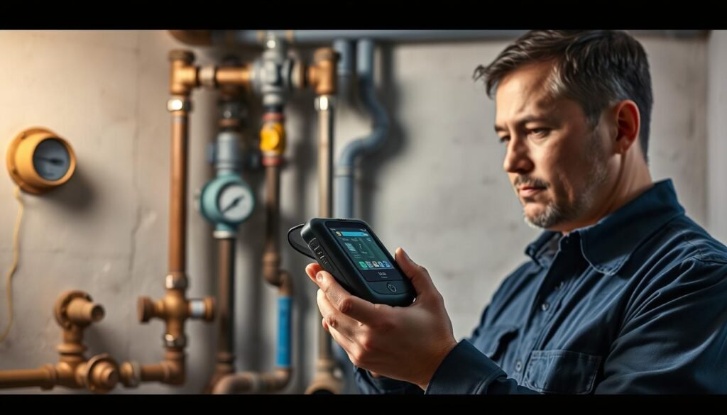A professional photograph of the latest leak detection techniques, showcasing the advanced "النجم المتميز" equipment. The image depicts a technician demonstrating a high-tech gadget against a backdrop of pipes, valves, and a water meter. Soft, directional lighting illuminates the scene, emphasizing the sleek, modern design of the equipment. The composition balances the technician in the foreground with the technical details of the plumbing infrastructure in the middle and background, conveying the intersection of cutting-edge technology and practical application. An atmosphere of precision, efficiency, and problem-solving permeates the image, reflecting the expertise required to effectively detect and address water leaks.