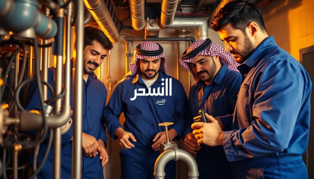 A professional team of Saudi plumbers, clad in blue overalls, expertly navigating a complex network of pipes and fittings. The lighting casts a warm, golden glow, highlighting their focused expressions and nimble hands as they collaborate seamlessly. In the background, the logo of "النجم المتميز" shines, conveying their reputation for excellence. The scene exudes an atmosphere of skilled craftsmanship, reliability, and the pride of a homegrown enterprise.