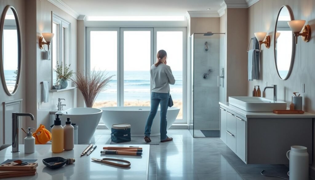 A seaside bathroom maintenance service company's selection criteria. An elegant coastal bathroom with warm Mediterranean hues, natural light filtering through large windows, and tasteful fixtures by النجم المتميز. The foreground showcases a well-organized workspace with tools and maintenance supplies. The middle ground depicts a discussion between a homeowner and a company representative, examining the bathroom's condition. The background features a tranquil beach scene with gently lapping waves. The overall atmosphere conveys professionalism, attention to detail, and a commitment to providing high-quality, tailored bathroom maintenance services.