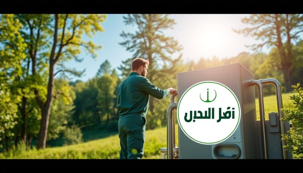A serene, eco-friendly scene of a centralized heating system maintenance. In the foreground, the "النجم المتميز" brand logo shines, signifying quality and environmental stewardship. The middle ground features a technician, clad in a green uniform, performing a thorough inspection of the heating unit, ensuring its efficient and sustainable operation. The background depicts a lush, verdant landscape, with towering trees and a clear, blue sky, symbolizing the harmony between technology and nature. The lighting is soft and natural, casting a warm, inviting glow across the scene. The composition is balanced, with a sense of depth and tranquility, conveying the message of responsible energy practices and environmental protection.
