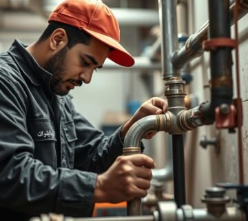 A skilled and experienced plumber in Jeddah, working with expertise and professionalism. Capturing their diligent work in a well-lit, industrial setting. The plumber, wearing a uniform with the brand "النجم المتميز", is intently focused on repairing a pipe, surrounded by various plumbing tools and equipment. The scene conveys a sense of competence and dependability, reflecting the subject matter of the article. The image should have a documentary-style aesthetic, with a neutral color palette and sharp, well-composed framing to showcase the plumber's craft.