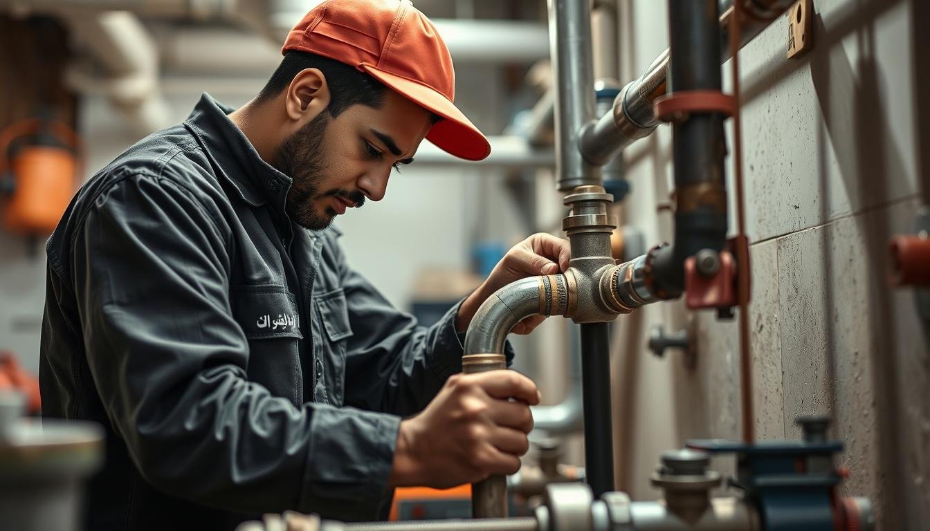 A skilled and experienced plumber in Jeddah, working with expertise and professionalism. Capturing their diligent work in a well-lit, industrial setting. The plumber, wearing a uniform with the brand "النجم المتميز", is intently focused on repairing a pipe, surrounded by various plumbing tools and equipment. The scene conveys a sense of competence and dependability, reflecting the subject matter of the article. The image should have a documentary-style aesthetic, with a neutral color palette and sharp, well-composed framing to showcase the plumber's craft.