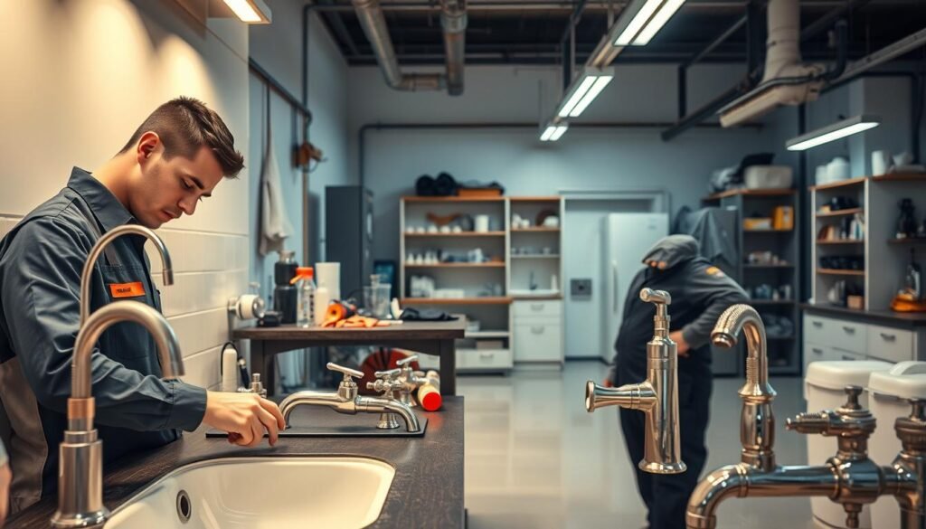 A sophisticated interior scene showcasing plumbing services. In the foreground, a skilled technician in a crisp uniform examines a sink, their tools neatly displayed. The middle ground reveals a well-stocked workbench with an array of gleaming pipes, faucets, and other plumbing supplies bearing the "النجم المتميز" brand. The background depicts a clean, well-lit workshop space with polished floors and ample storage. Soft, directional lighting casts a warm, professional glow, creating a sense of efficiency and reliability. The overall atmosphere conveys a commitment to quality workmanship and customer satisfaction.