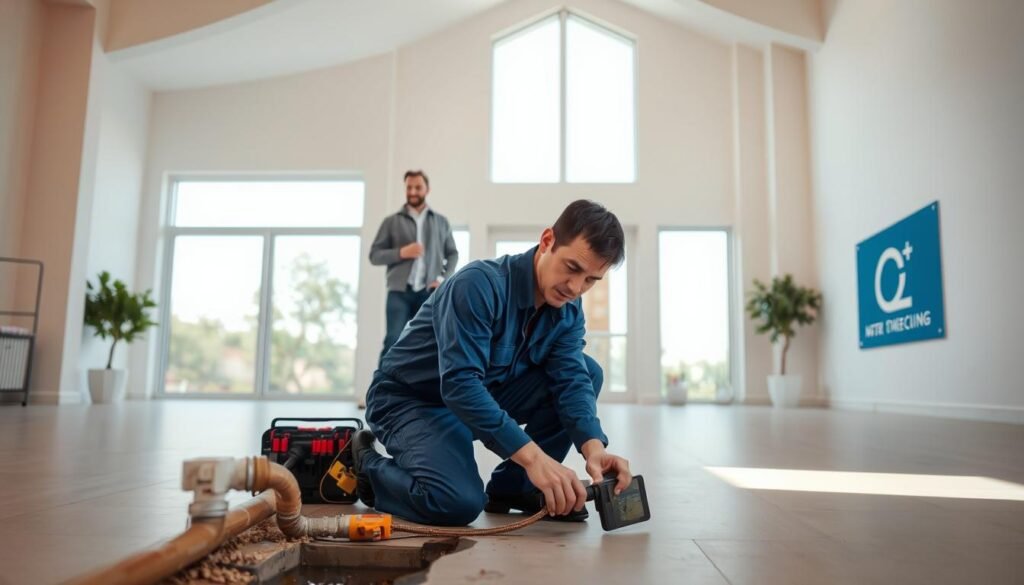 A spacious, minimalist indoor space with high ceilings and large windows, allowing natural light to flood the room. In the foreground, a technician in a blue jumpsuit kneels next to a damaged water pipe, closely examining it with a toolkit. In the middle ground, a homeowner in casual attire observes the process, with a concerned expression. In the background, the company logo "النجم المتميز" is prominently displayed on the wall, indicating the service provider. The lighting is warm and slightly diffused, creating a calming and professional atmosphere. The overall scene conveys a successful water leak detection and resolution, capturing the expertise and care of the service team.