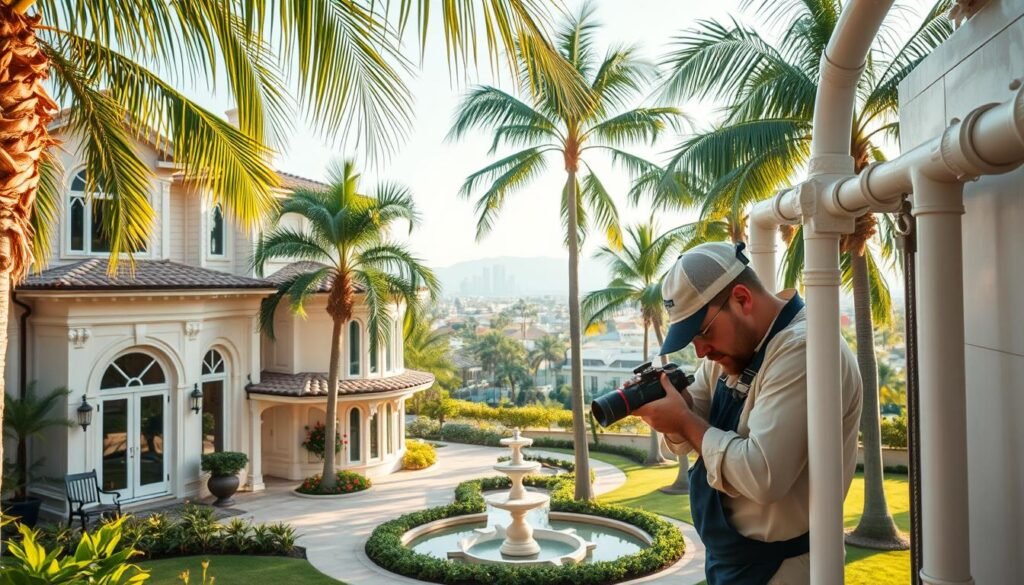 A stately villa nestled among the swaying palms, its elegant facade adorned with intricate architectural details. In the foreground, a skilled plumber from "النجم المتميز" company meticulously inspects the intricate plumbing system, ensuring the seamless flow of water throughout the home. Warm, natural lighting filters through the windows, casting a soft glow over the scene. The middle ground reveals the villa's well-manicured grounds, with lush greenery and a tranquil water feature. In the background, the vibrant city skyline stands as a testament to the dynamic neighborhood, underscoring the significance of this plumbing repair in transforming the face of the community.