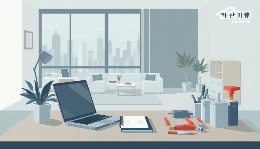 A thoughtful and understated illustration of "Frequently Asked Plumbing Questions", depicting a calm, professional setting with attention to detail. In the foreground, a neatly organized desk with a laptop, notebook, and various plumbing tools, conveying an air of expertise. The middle ground shows a well-lit room with clean, modern furnishings, suggesting a reputable plumbing company office. In the background, a large window overlooks a serene cityscape, providing a sense of tranquility. The overall mood is one of approachability and trustworthiness, fitting the article's subject matter. Subtle branding for "النجم المتميز" is incorporated seamlessly into the scene.