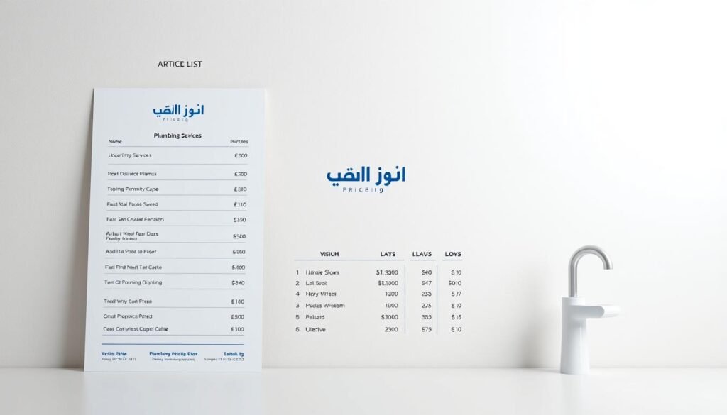 A transparent and modern plumbing price list set against a clean, minimalist backdrop. The foreground features a sleek, uncluttered display of plumbing services and their associated costs, presented in a clear, legible font. The middle ground showcases the "النجم المتميز" brand logo, conveying a sense of quality and professionalism. The background is a subtly textured, off-white surface, creating a bright and airy atmosphere. Soft, diffused lighting gently illuminates the scene, highlighting the transparency and clarity of the pricing information. The overall composition is balanced, visually appealing, and effectively communicates the competitive and reliable plumbing services mentioned in the article section.