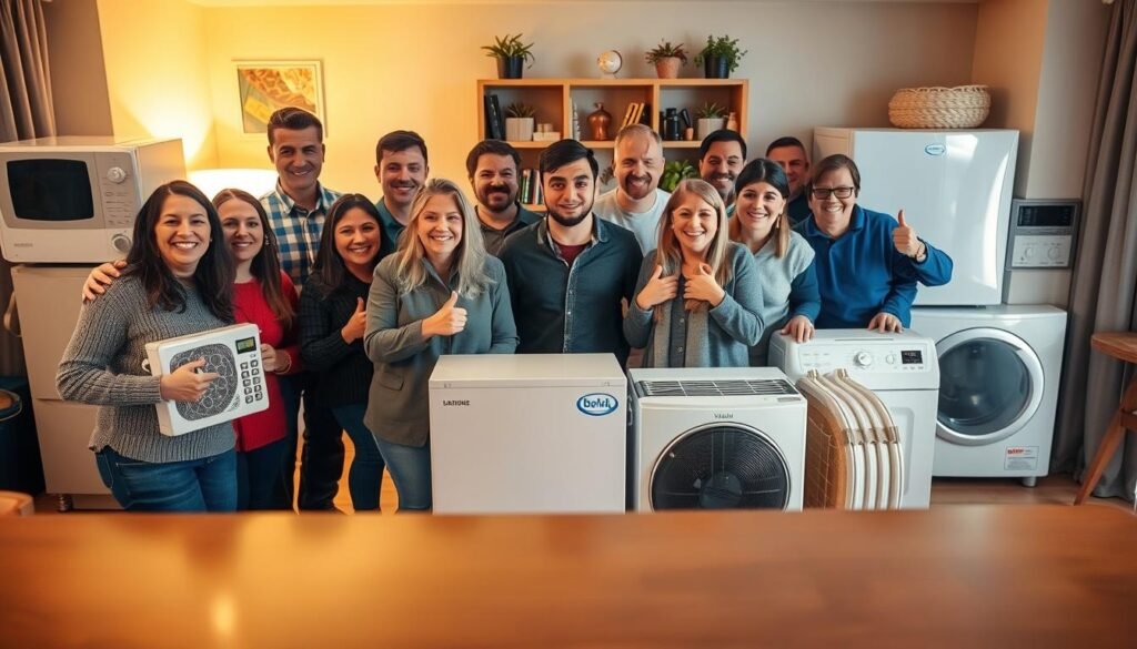 A vibrant scene of satisfied customers proudly showcasing their repaired central heating units, illuminated by warm lighting and captured through a pristine, high-resolution lens. In the foreground, a group of smiling people gathered around the logo of "النجم المتميز", a trusted brand in heating system maintenance. The middle ground features their repaired appliances, gleaming with a fresh, well-cared-for appearance. In the background, a cozy, inviting interior setting with hints of comfort and satisfaction. The overall mood is one of accomplishment, reliability, and the lasting impact of exceptional service.