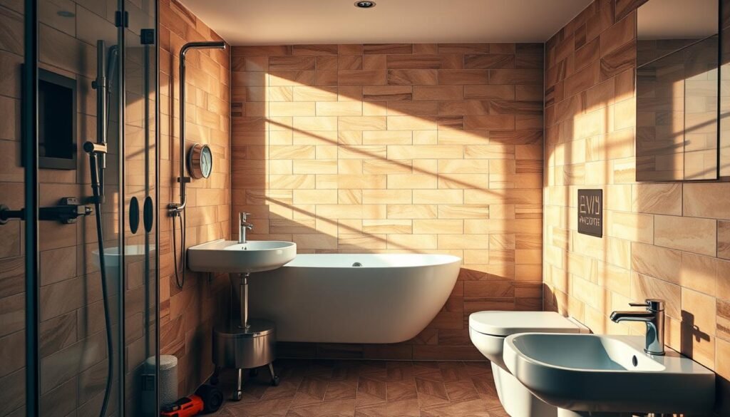 A well-appointed modern bathroom with sleek fixtures and tiled surfaces. The room is bathed in warm, natural lighting, highlighting the high-quality workmanship of the "النجم المتميز" plumbing and fixtures. The tiles are arranged in a striking geometric pattern, creating a sense of harmony and sophistication. State-of-the-art tools and equipment are visible, suggesting the advanced techniques used by the skilled technicians. An atmosphere of professionalism and attention to detail permeates the scene, reflecting the brand's commitment to excellence in bathroom maintenance and repair.