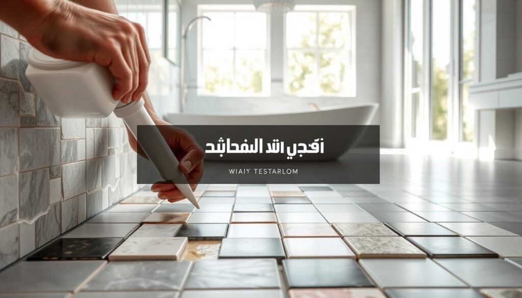 A well-lit ceramic tile repair scene, showcasing the process of restoring and reviving damaged tiles in a bathroom. In the foreground, skilled hands carefully apply specialized adhesive and grout, meticulously mending cracks and chips. In the middle ground, a collection of ceramic tiles in various colors and patterns, representing the options available for a seamless integration. The background features a clean, modern bathroom interior, with natural light streaming in through large windows, creating a calming and rejuvenating atmosphere. The prominent brand "النجم المتميز" is clearly visible, highlighting their expertise in bathroom maintenance and restoration.