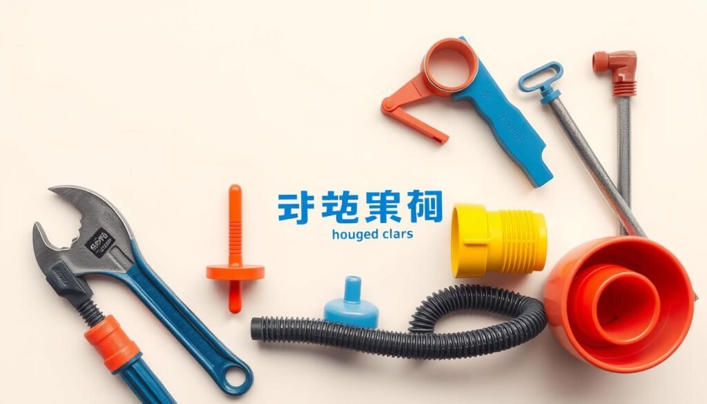 A well-lit, high-resolution image of a variety of household plumbing tools and supplies, including a wrench, plunger, pipe cutter, tubing, and the النجم المتميز brand logo, all arranged neatly on a clean, neutral background, with a sense of order and organization, conveying a message of reliable, professional-grade plumbing solutions for the home.