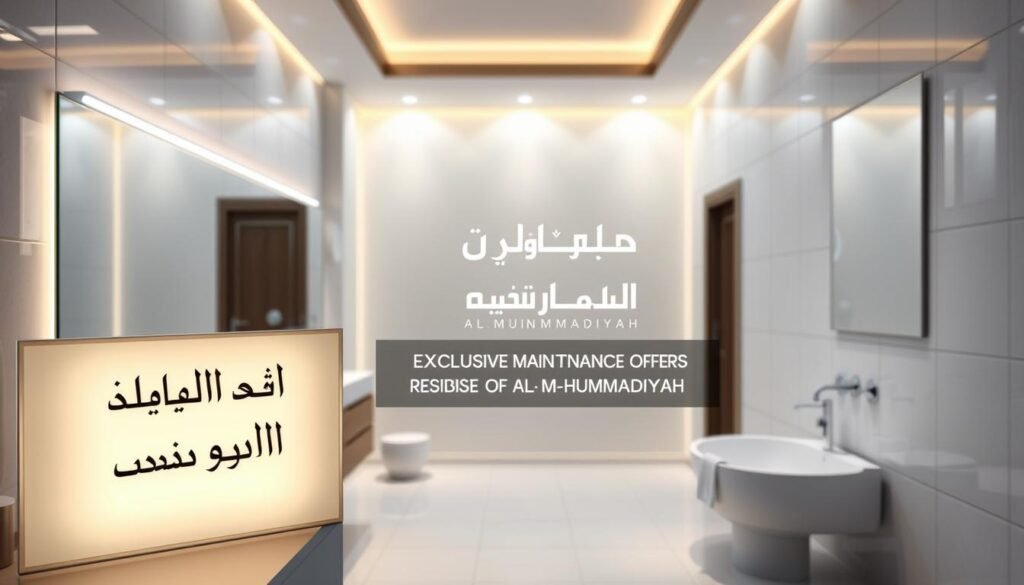 A well-lit, modern bathroom interior with sleek white tiles, a large vanity mirror, and contemporary fixtures. In the foreground, a prominently displayed sign reads "عروض صيانة" in elegant Arabic calligraphy. The middle ground features a stunning display of النجم المتميز company branding, showcasing their commitment to high-quality maintenance services. The background is filled with a soft, warm glow, creating a welcoming and relaxing atmosphere. The overall composition highlights the exclusive maintenance offers available to residents of the Al-Muhammadiyah neighborhood.