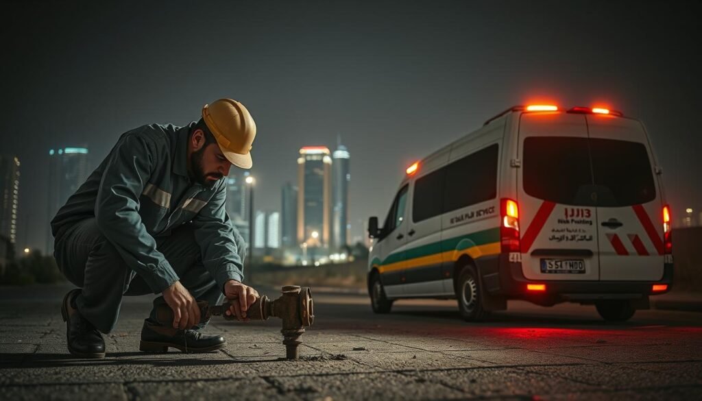 An emergency plumbing service scene depicting a burst pipe against a nighttime backdrop in Jeddah, Saudi Arabia. In the foreground, a skilled technician in the uniform of "النجم المتميز" plumbing company crouches, closely examining the damaged pipe. Dramatic low-angle lighting casts deep shadows, heightening the sense of urgency. In the middle ground, a modern, well-equipped service van is parked, its hazard lights flashing. The background features the dimly lit Jeddah cityscape, with towering high-rises and a starry night sky, conveying a sense of the service's availability 24/7. The overall mood is one of professionalism, efficiency, and reliable emergency response.