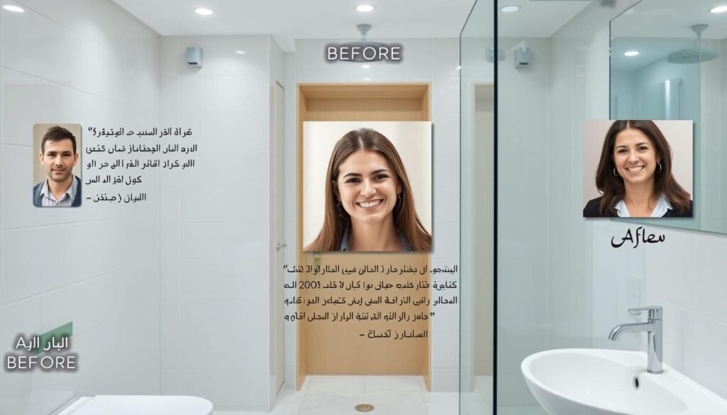 An image of three real customer testimonials with "before" and "after" photos, showcasing the high-quality restoration work of "النجم المتميز", a bathroom repair service in the Ash-Shati' neighborhood. The scene depicts a clean, well-lit bathroom interior, with the customers' smiling faces prominently displayed alongside their testimonials. The lighting is soft and natural, highlighting the polished tiles, gleaming fixtures, and overall sense of cleanliness and satisfaction. The composition is balanced, with the three "before" and "after" pairs arranged in a visually appealing grid layout. The overall mood is one of professionalism, reliability, and customer delight.