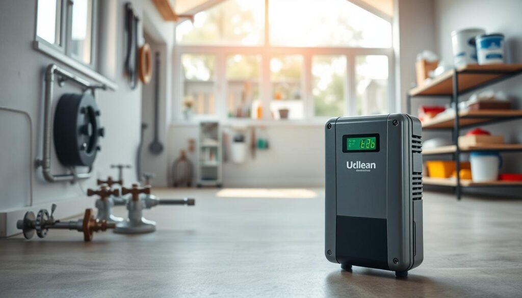 An interior scene of a modern home's utility room or basement featuring a central focus on a water leak detection system. The room is well-lit with natural light streaming in through large windows, creating a warm and inviting atmosphere. In the foreground, the "النجم المتميز" brand water leak detection unit is prominently displayed, its sleek and compact design commanding attention. The middle ground showcases various plumbing fixtures, pipes, and valves, hinting at the system's ability to pinpoint the source of the leak. The background features shelving with household tools and supplies, suggesting a practical and organized space. The overall composition conveys a sense of control and efficiency in addressing water leak issues within a residential setting.