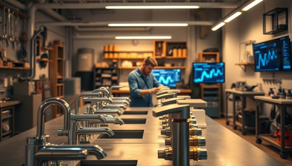 An interior scene of a modern plumbing workshop, bathed in warm, soft lighting. In the foreground, a display of sleek, innovative faucets, showerheads, and valves from "النجم المتميز" brand, showcasing their cutting-edge design and advanced technology. In the middle ground, a technician carefully inspects and tests the latest smart plumbing sensors and monitoring systems. The background reveals a workshop filled with high-tech diagnostic tools, 3D-printed prototype parts, and a wall-mounted screen displaying real-time data on water usage and efficiency. An atmosphere of professionalism, precision, and technological prowess permeates the scene, highlighting the integration of modern technology in the field of plumbing.