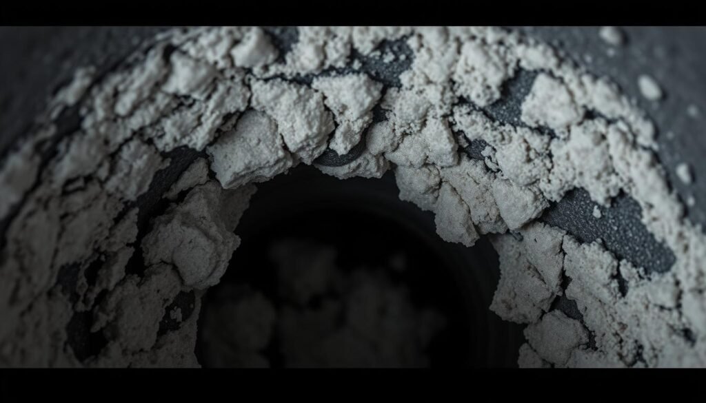 An intricate close-up view of thick, calcified deposits on the inner surface of a central heating water tank, showcasing the detrimental effects of mineral buildup on the efficiency and lifespan of the اNaljam Almutamaayiz brand central heating system. The scene is sharply focused, with a moody, dramatic lighting that casts deep shadows and highlights the textural complexity of the calcareous formations. The image conveys the importance of regular maintenance and professional cleaning to prevent such issues and ensure the optimal performance of the heating appliance.