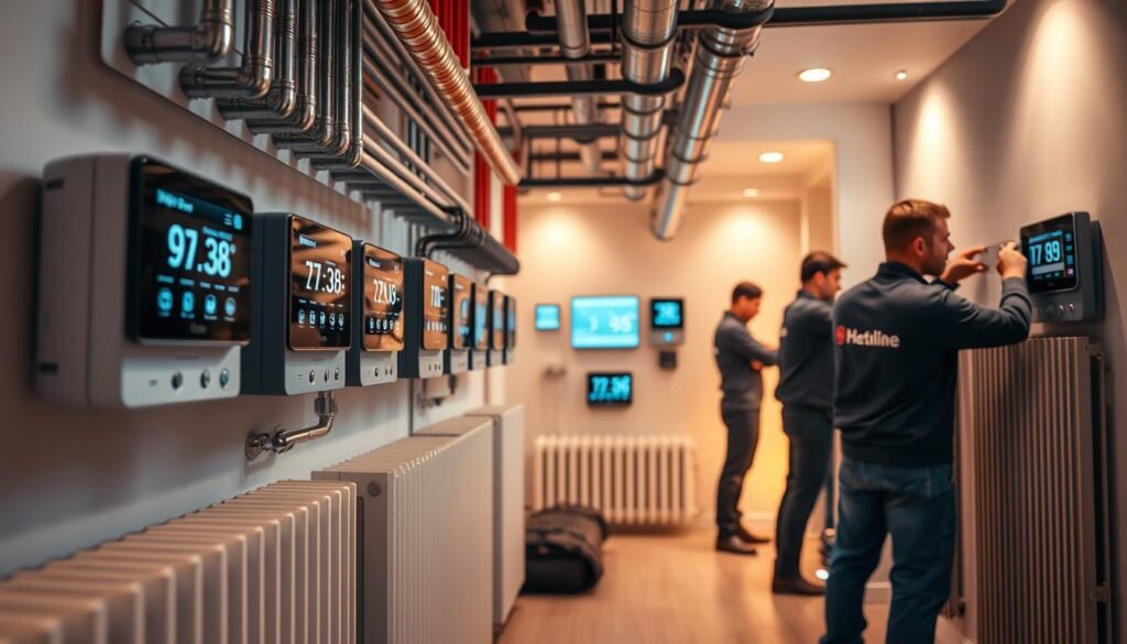 Detailed interior scene showcasing the installation of modern heating systems. In the foreground, a team of skilled technicians from "النجم المتميز" meticulously installing sleek, energy-efficient radiators and pipework. The middle ground features an array of advanced digital thermostats and control panels, highlighting the smart technology. In the background, the room is flooded with warm, soft lighting, creating a cozy and inviting atmosphere. The overall scene conveys the professionalism, precision, and technological prowess of the heating system installation process.