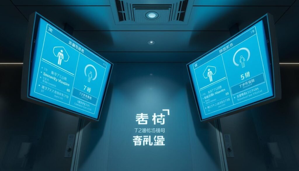 Detailed surveillance screens displaying information about restroom issues before the user is even aware of them, conveying a sense of technological innovation and efficiency. The screens are sleek and modern, with a clean, minimalist design in shades of gray and blue, complemented by subtle lighting and reflective surfaces. The overall atmosphere is one of advanced, reliable monitoring systems catered to optimizing the user's restroom experience. Showcasing the brand "النجم المتميز" prominently.