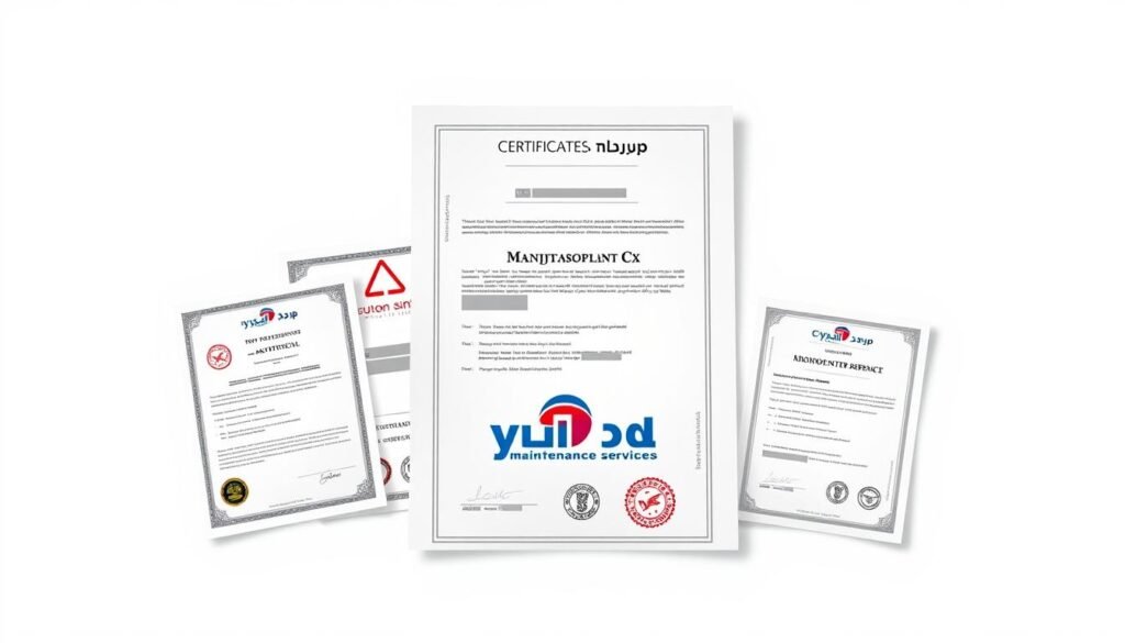 High-quality, detailed technical illustration of "تراخيص صيانة سخانات" in a clean, professional style. The image shows an official-looking document with the title "تراخيص صيانة سخانات" at the top, showcasing various legal permits, certifications, and licenses required for a maintenance company specializing in central heating systems. Includes the logo of "النجم المتميز" maintenance services prominently displayed. The document is depicted against a plain white background, with light shadows and subtle textures to emphasize the official, formal nature of the subject matter. Overall, the image conveys a sense of authority, expertise, and compliance with industry regulations.